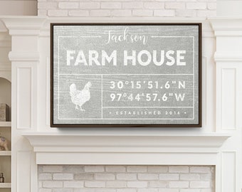 gray FARM HOUSE wall art canvas > large vintage faux weathered wood sign, rustic farmhouse kitchen decor with chicken, gift for aunt {gdo}