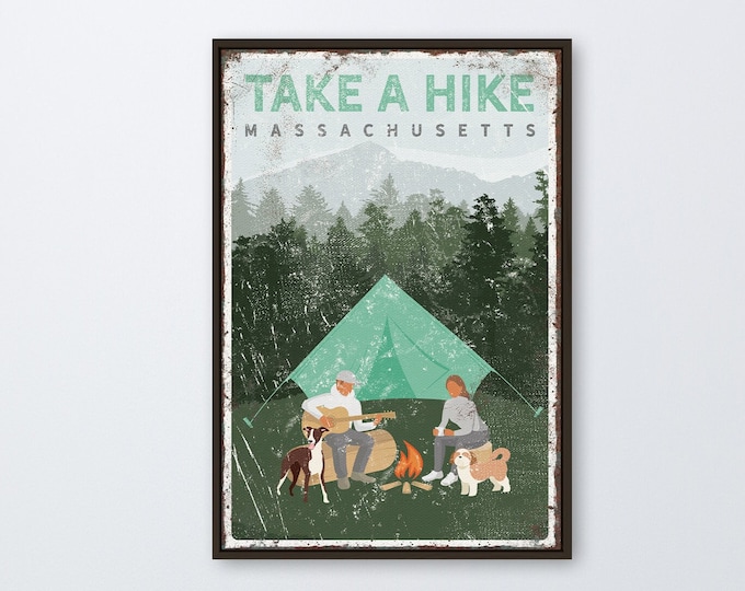 personalized vintage CAMPING POSTER with dogs, couple camping by campfire with greyhound & shih tzu, custom text Take a Hike in sample {vpt}
