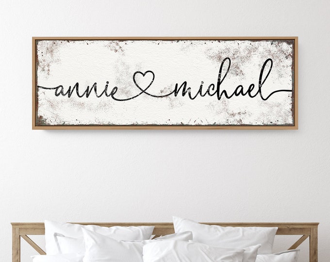 vintage love sign > script names with heart, personalized farmhouse decor, black and white canvas print looks like aged rusty metal sign {s}