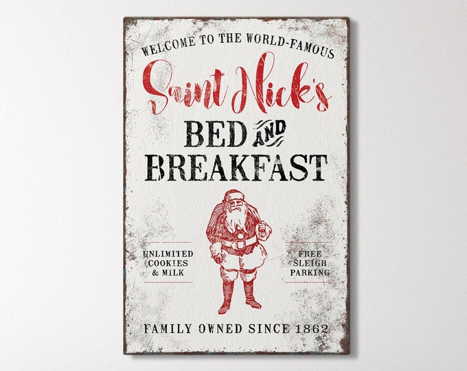 saint nick bed & breakfast sign for farmhouse christmas decor • vintage holiday wall art print • unique retro christmas family gift