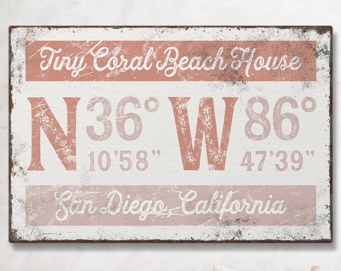 beach house COORDINATES sign > coral pink family name print, beachy longitude latitude GPS wall art, personalized farmhouse art print {grw}