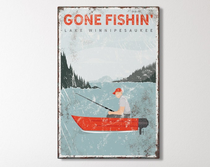 personalized gone fishin' sign > vintage boat art for Lake Winnipesaukee nautical decor, coastal canvas print, fishing gift for him {vpl}