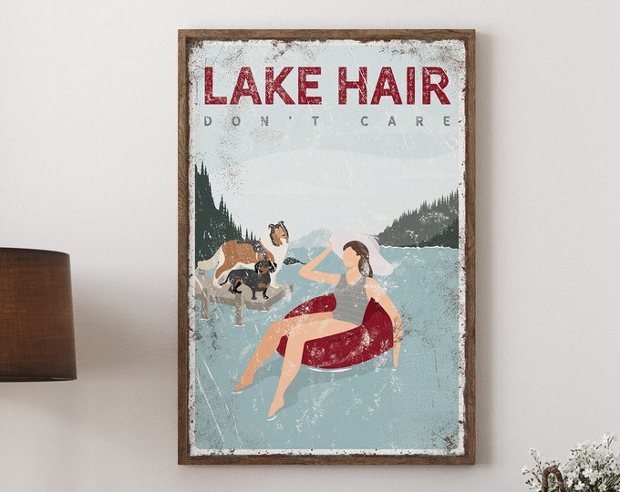 LAKE HAIR sign, personalized tubing poster, vintage lake house decor with dogs, dachshund and collie, gift for dog lovers {vpl}