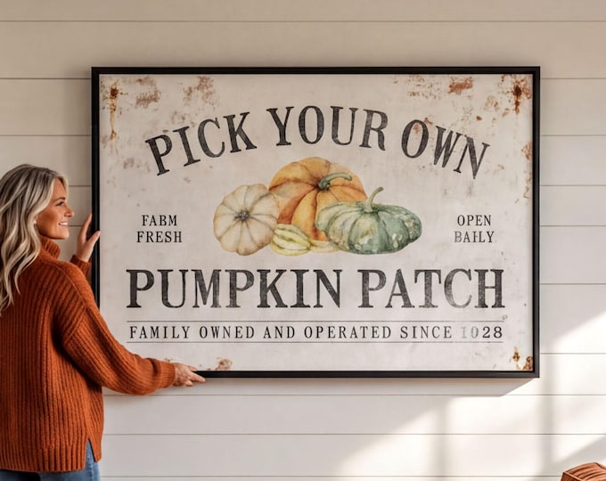 Fall Farmhouse Sign, Personalized Pick Your Own Pumpkin Patch in Orange and Sage on Cream Art