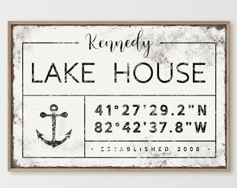 vintage LAKEHOUSE sign > custom lakehouse decor, nautical anchor wall art, canvas family name sign with lattitude and longitude {gdw}