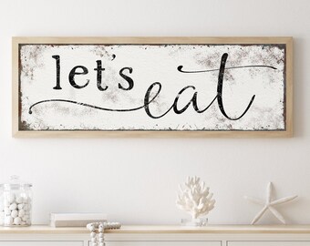 black Let's Eat sign for farmhouse kitchen or boho dining room> vintage food sign on distressed white backround, bohemian home decor {s}