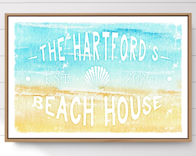 watercolor beach house sign > personalized family name art print, weathered beach canvas with seashell, vintage beachhouse wall art