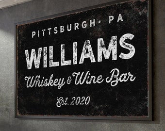 black WHISKEY & WINE BAR sign > custom last name wall art for vintage bar decor • large framed canvas art print for farmhouse bar {nvb}