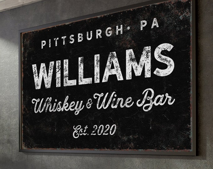 black WHISKEY & WINE BAR sign > custom last name wall art for vintage bar decor • large framed canvas art print for farmhouse bar {nvb}