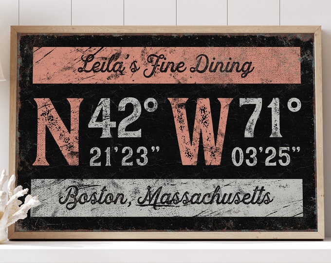 custom KITCHEN sign > vintage farmhouse kitchen decor, personalized GPS coordinates, distressed coral pink & black canvas wall art print