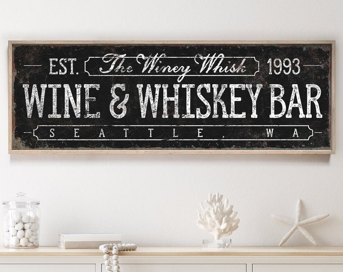 WINE & WHISKEY BAR sign • personalized black farmhouse decor • home bar cart framed canvas • extra large faux vintage metal print {svb}