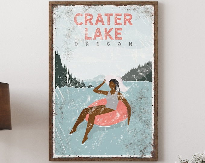 vintage Crater Lake sign > coral pink coastal art print, custom tubing poster, distressed lake house decor, relaxed lake life {VPL}