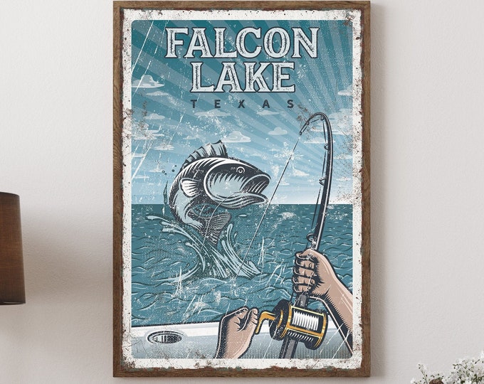 Vintage blue fishing poster > personalized largemouth bass fishing on Falcon Lake art print, custom lake sign for lake house decor {vpf}