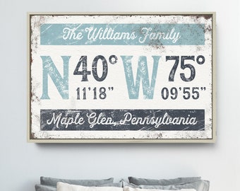 nautical COORDINATES sign > distressed blue last name canvas, personalized longitude latitude GPS art print, custom farmhouse decor {grw}