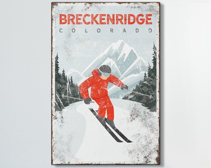 vintage skiing poster canvas > distressed ski mountain wall art, custom ski house decor (personalized for BRECKENRIDGE, Colorado) {vpw}