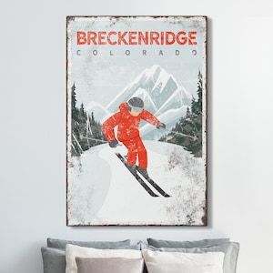 vintage skiing poster canvas > distressed ski mountain wall art, custom ski house decor (personalized for BRECKENRIDGE, Colorado) {vpw}