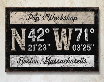 custom WORKSHOP sign with GPS coordinates > black vintage canvas art print, personalized lattitude longitude gift idea for grandfather {grb}