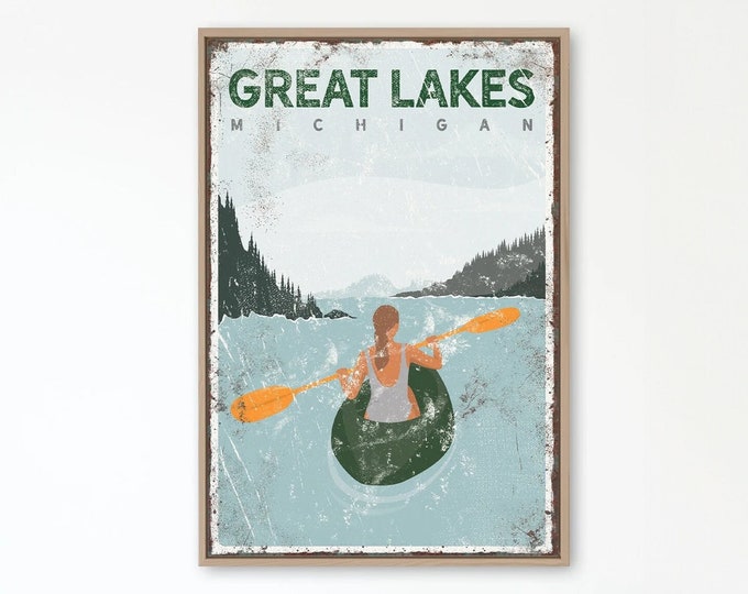 GREAT LAKES poster • forest green kayak sign for custom lake house decor, vintage kayaking gift for her, personalized Michigan art {vpl}