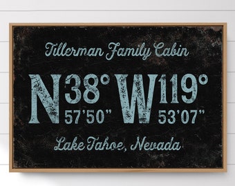 antique CABIN sign with coordinates > turquoise blue and black family name wall art, vintage Lake Tahoe art print for lake house decor {gpb}
