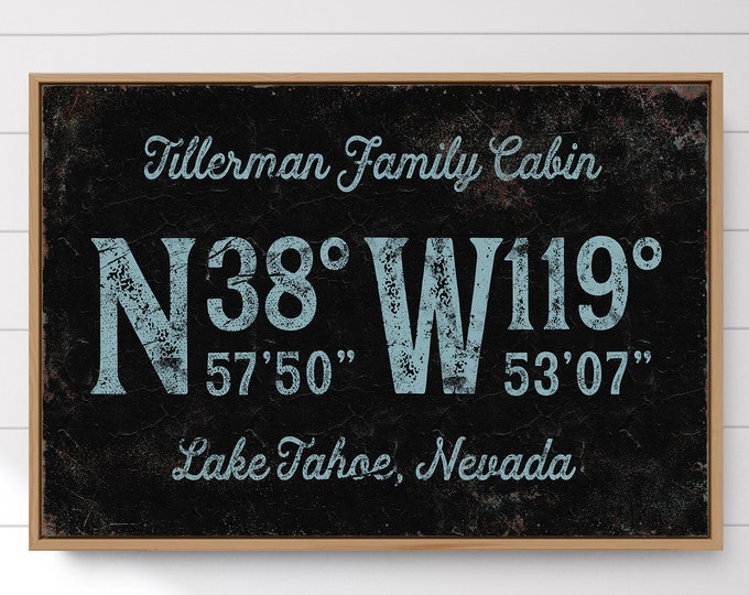 antique CABIN sign with coordinates > turquoise blue and black family name wall art, vintage Lake Tahoe art print for lake house decor {gpb}