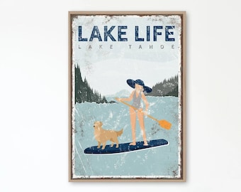 navy LAKE LIFE sign with personalized dog > paddleboarding with golden retriever poster for vintage lake house decor, SUP paddle board {vpl}