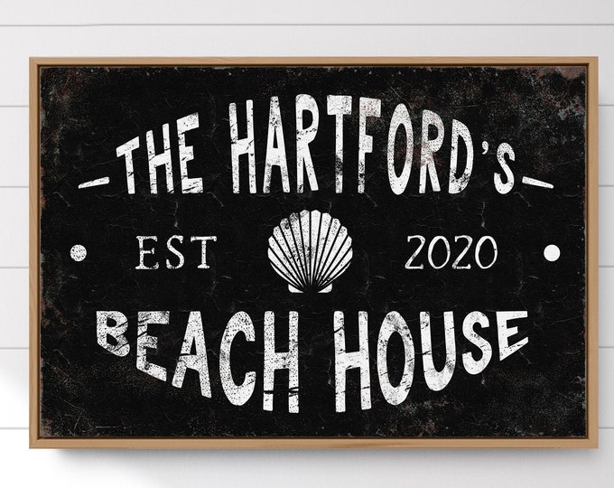 family BEACH HOUSE sign > vintage beach poster with seashell, weathered black beachouse print, weathered farmhouse wall art