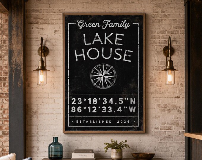House Sign Compass, Custom Lake House Sign In Black And White With Family Name