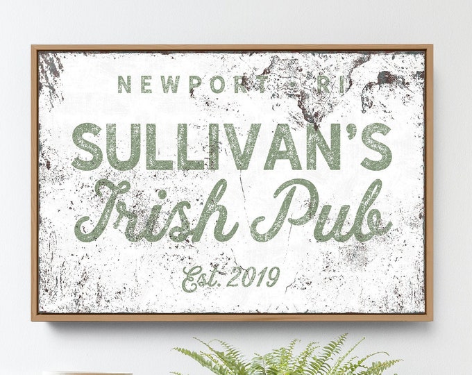 custom LAST NAME irish pub sign > Personalized bar print • Modern farmhouse canvas • Rustic green and white vintage wall decor art {nvw}