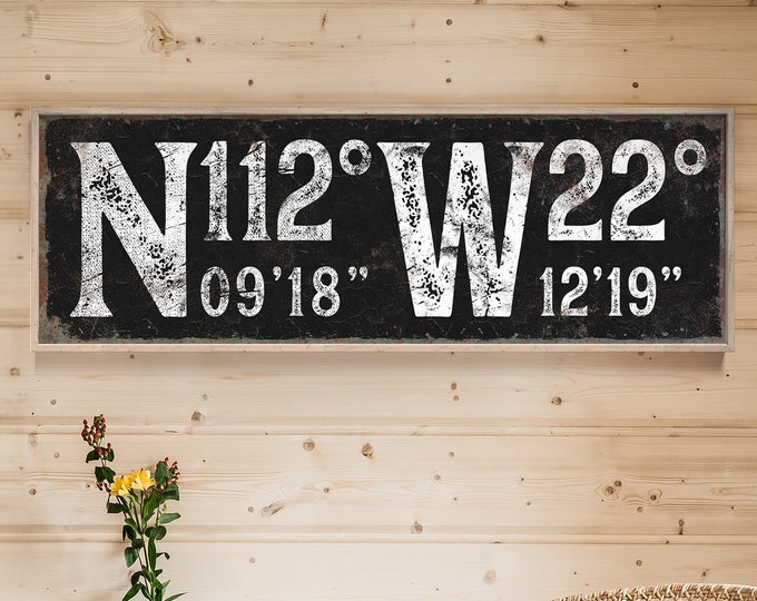 Custom COORDINTAES SIGN, Latitude & Longitude Canvas Sign in White on Black, GPS Coordinates Wall Art, Faux Weathered Wood {scw}