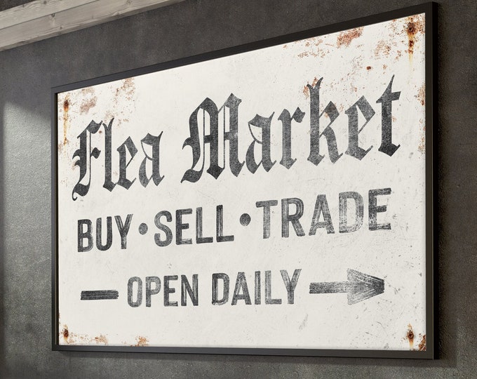 vintage FLEA MARKET sign > custom arrow wall art • antique white farmhouse decor • distressed black and white canvas {asw}