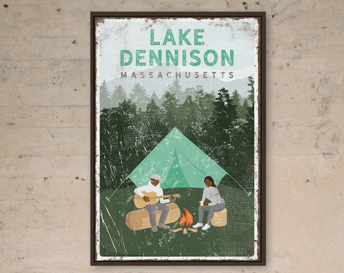 personalized vintage CAMPING poster, LAKE DENNISON camping sign, tent and campfire, couple camping by the fire, custom text {vpt}