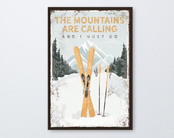 VIntage Ski Poster, The MOUNTAINS ARE CALLING Sign, Yellow Ski Mountain Wall Art, Can be Personalized, Vintage Ski Gift for Her {vpw}