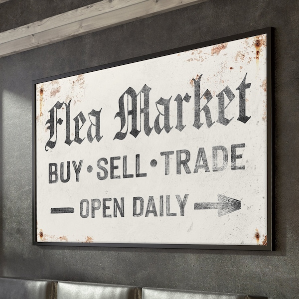 vintage FLEA MARKET sign > custom arrow wall art • antique white farmhouse decor • distressed black and white canvas {asw}