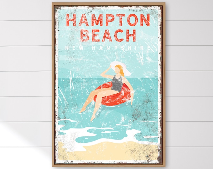 vintage beach house decor > personalized wall art canvas for nautical beachhouse decor, Hampton Beach sign, New Hampshire art print {vpb}