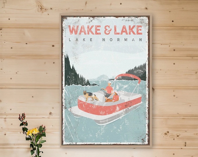 personalized pontoon boat sign, vintage WAKE & LAKE NORMAN poster, couple with dog, german shepherd, coral pink lake house decor gift {vpl}