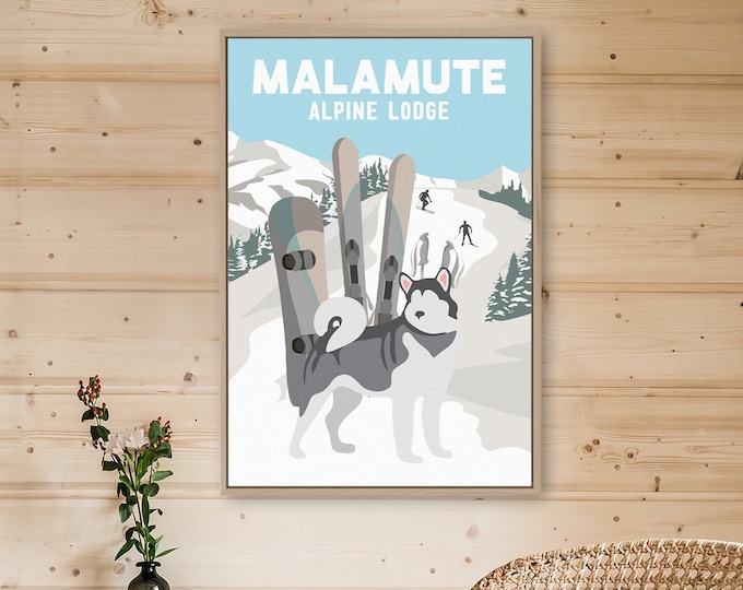 personalized vintage SKI POSTER, retro dog alpine lodge poster with Alaskan Malamute, choose from many dogs, unique gift for dog lovers