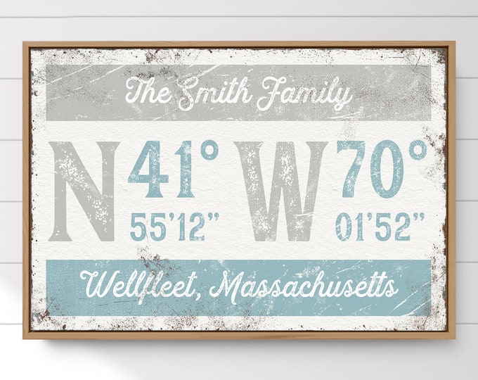 light blue and gray latitude sign > vintage personalized longitude art print, distressed GPS coordinates for delicate neutral decor {grw}