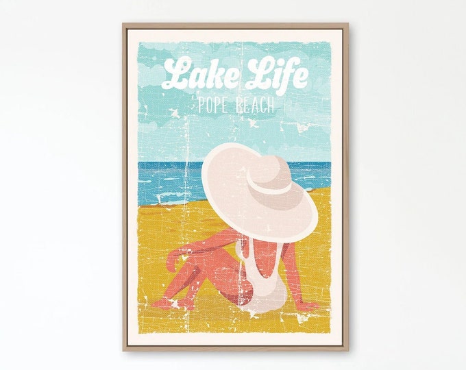 vintage LAKE LIFE sign for lake house decor, retro lake poster of woman sitting on a beach, gift for her (Pope Beach art shown) {rpb}