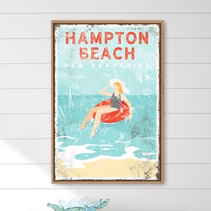 vintage beach house decor > personalized wall art canvas for nautical beachhouse decor, Hampton Beach sign, New Hampshire art print {vpb}