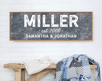 hale navy LAST NAME sign, distressed farmhouse print, custom name & year established + kids names, nautical canvas wall art print {s}