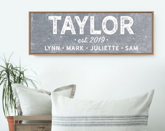 gray canvas LAST NAME sign, distressed farmhouse print, custom name & year established + kids names, shabby chic boho wall art print {s}