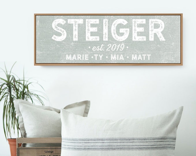 sage green LAST NAME sign, distressed farmhouse print, custom name & year established + kids names, nautical canvas wall art print {s}