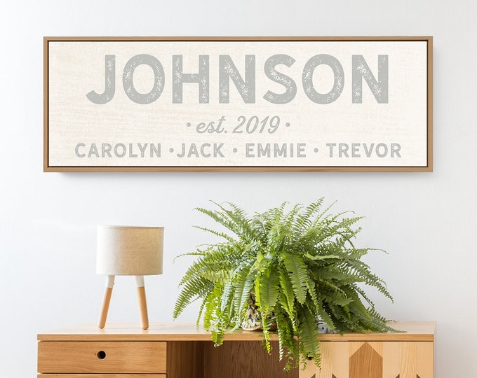 rustic LAST NAME canvas, distressed farmhouse sign, custom name & year established + kids names, shabby chic boho wall art print {s}