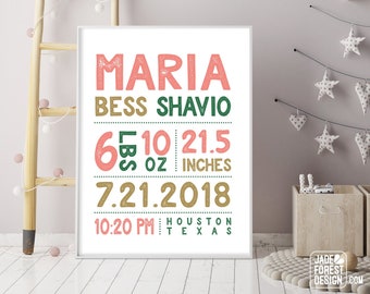BIRTH STATS SIGN (printable or canvas poster) – tropical baby stats, pink gold and green nursery name sign, new baby gift idea