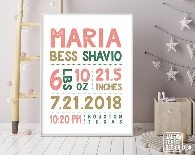 BIRTH STATS SIGN (printable or canvas poster) – tropical baby stats, pink gold and green nursery name sign, new baby gift idea