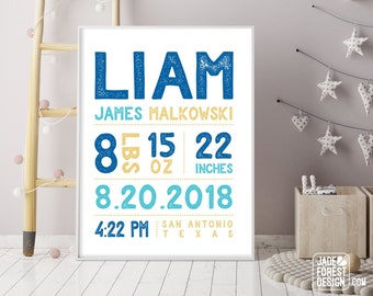 blue & yellow BIRTH STATS SIGN (printable or canvas poster) – custom baby stats, yellow and blue nursery name sign, new baby gift idea