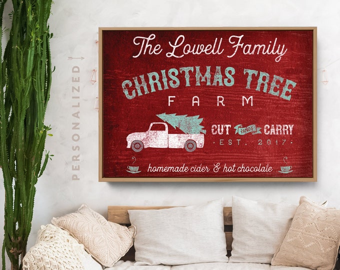 personalized christmas sign (canvas or paper) - family name CHRISTMAS TREE FARM print – rustic modern farmhouse wall art
