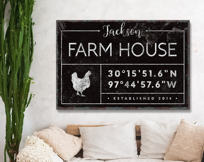 rustic FARM HOUSE canvas print, personalized last name sign for farmhouse decor, GPS location coordinates, vintage black wall art {gdb}