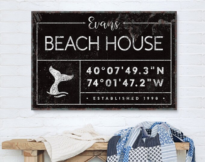 personalized BEACH HOUSE sign canvas, nautical last name print for beachhouse, custom GPS coordinates, black boho farmhouse wall art {gdb}