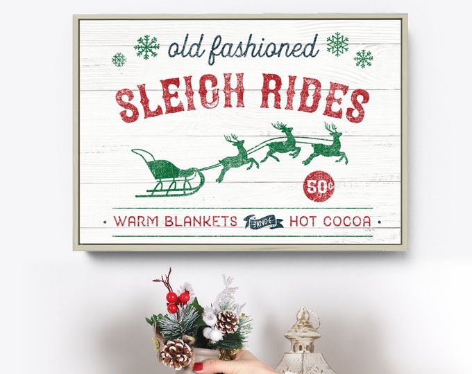 rustic SLEIGH RIDES sign (framed canvas print) – modern farmhouse decor, rustic wall art, distressed wood country christmas sign